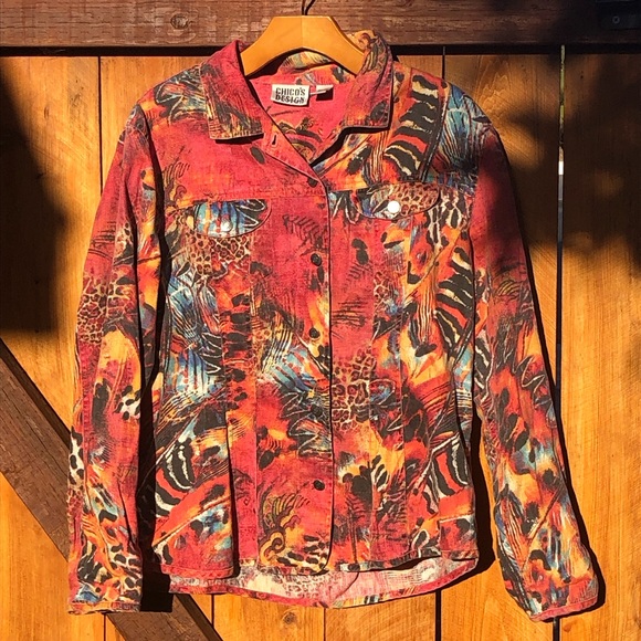 Chico's Jackets & Blazers - Chico’s Design Safari Red Long Sleeve Linen Button Up Blouse - Jacket Size 2 LG